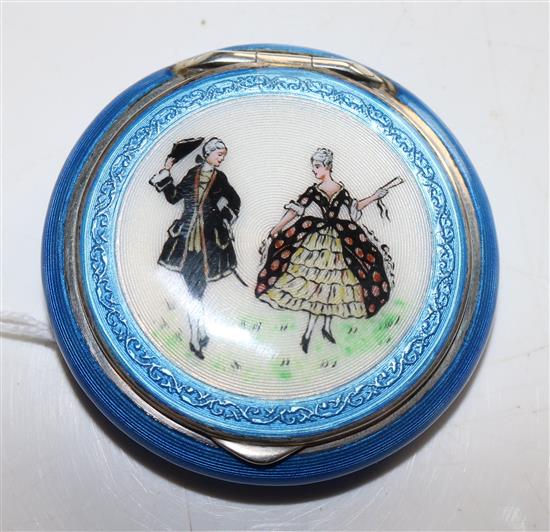 A 1920s continental silver and guilloche enamel circular compact, 41 grams.